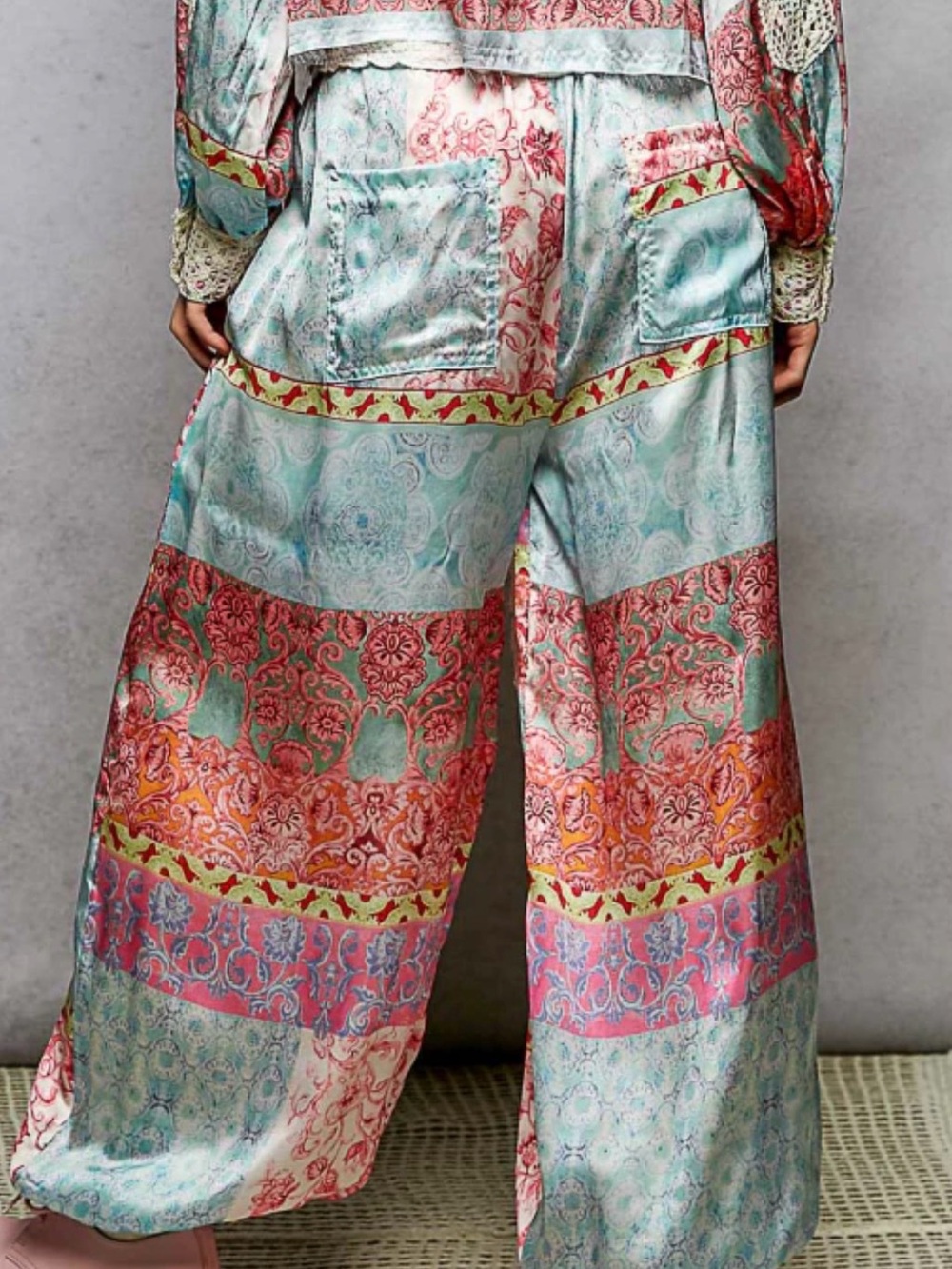 POL Printed Wide-Leg Satin Pants in Pastel Multi